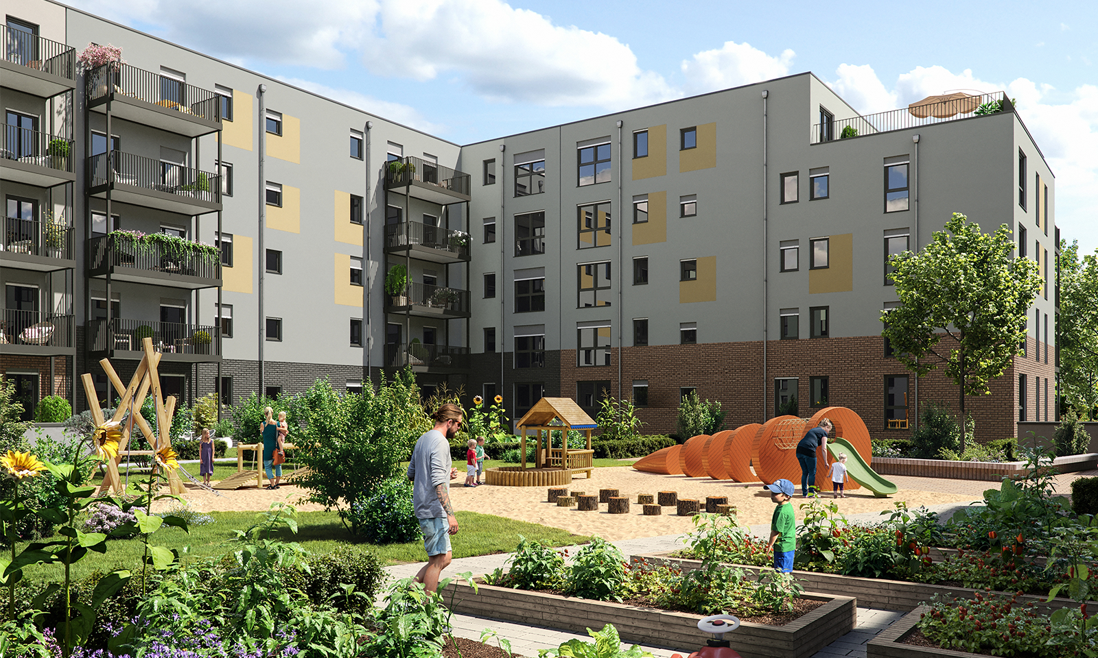  Individuell gestalteter Hof mit Garten und Spielplatz