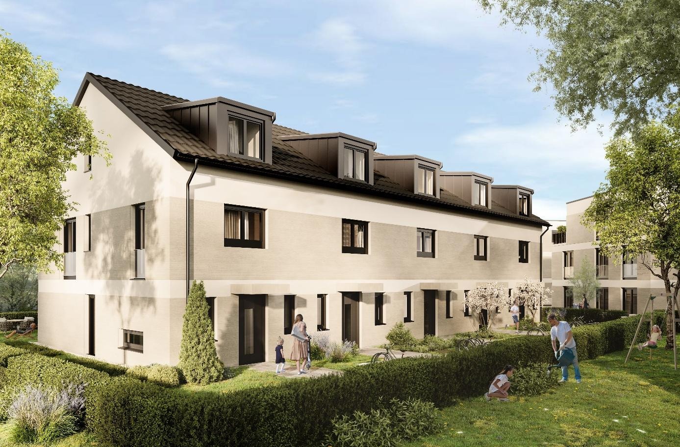 The image depicts a modern, well-maintained row of townhouses with greenery and trees surrounding them.

KI-generierte Inhalte können fehlerhaft sein.