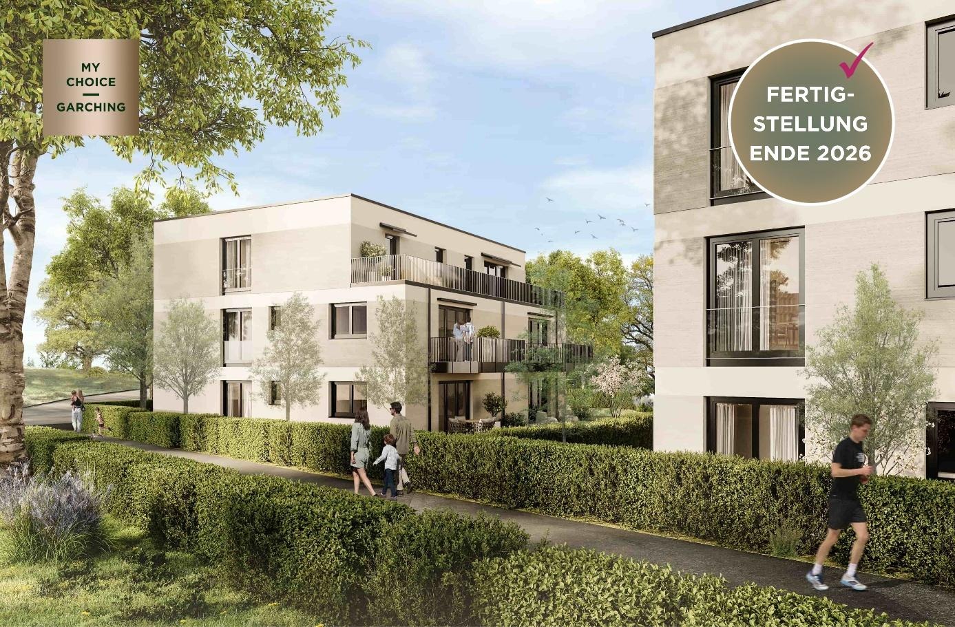The image depicts a modern, eco-friendly residential complex in Garching, designed for completion in 2026.

KI-generierte Inhalte können fehlerhaft sein.