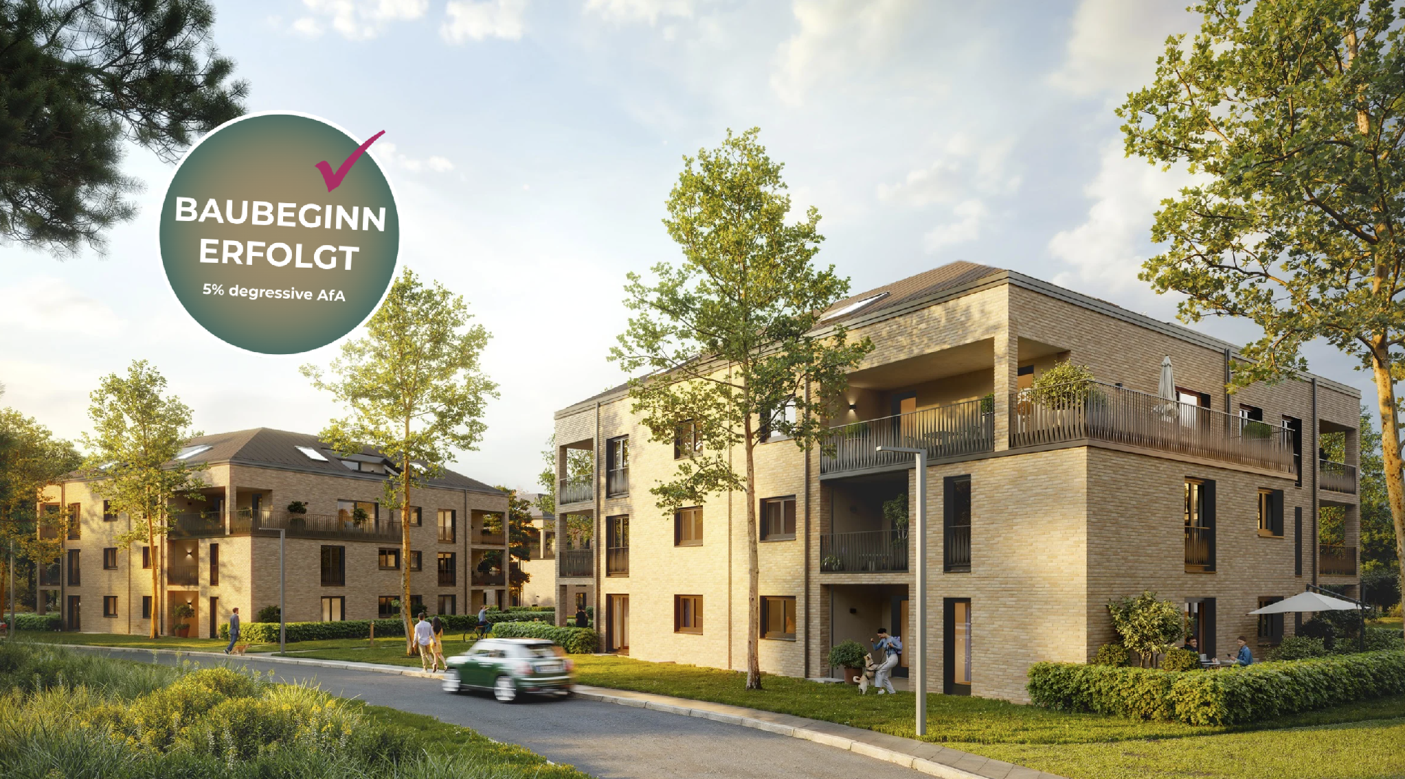 The image shows a residential complex with modern, brick-clad buildings, greenery, and a car parked on a sunny day.
KI-generierte Inhalte können fehlerhaft sein.