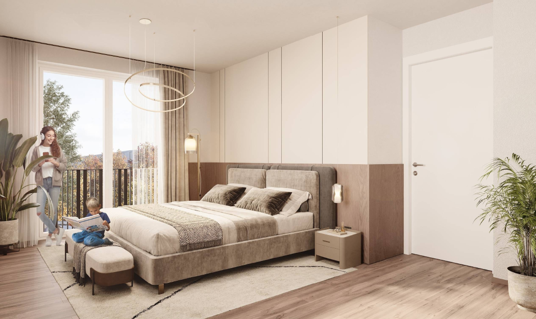 The image depicts a cozy, well-lit bedroom with a bed, bedside tables, and a balcony with a child sitting on a chair, all complemented by modern, minimalist decor.

KI-generierte Inhalte können fehlerhaft sein.