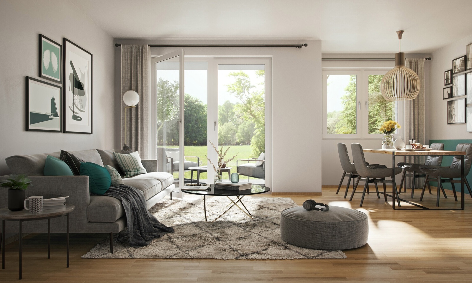 Helles Wohnzimmer mit Zugang zur Terrasse