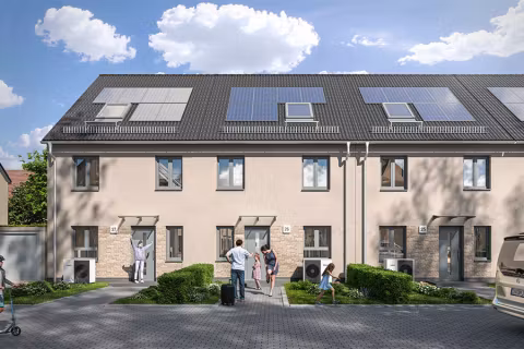 Straßenansicht-unserer-familienfreundlichen-Reihenhäuser-mit-Solarpanels_WA